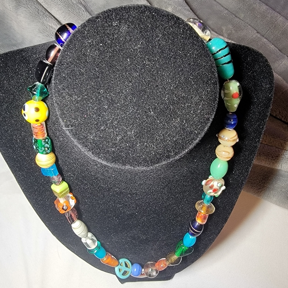 Colorful Boho Beaded Necklace W/ Red Jasper Heart Pendant - HANDMADE - Picture 3 of 5